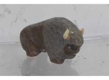 Vintage Native American Bison Stone  Carving With Turquoise Eyes