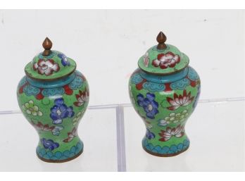 Pair Of Vintage Chinese Cloisonne Small Covered Jars