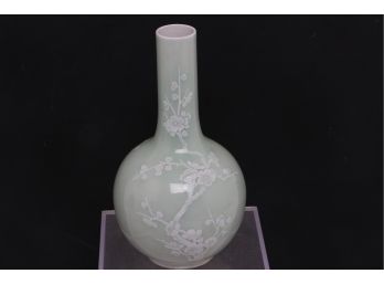 Vintage Chinese Celadon Vase With Raised Apple Blossom Decorations - Signed Underglaze