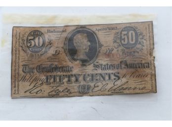 Authentic  Circa 1863 Confederate States 50 Cents Paper Currency