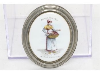 Antique French Limoges Small Porcelain Plaque In Pewter Frame
