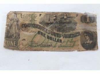 Authentic  Circa 1862 Confederate States 1 Dollar Paper Currency