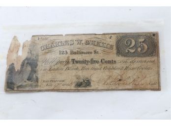 Authentic  Circa 1862 Baltimore 25 Cents Paper Note