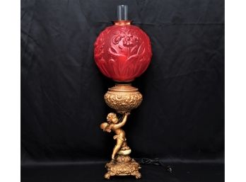 Antique Gold Guilt Cherub Base Gone With The Wind Lamp With Cranberry Floral Embossed Globe