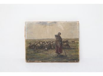 Antique 19th Century Oil On Canvas - Shepherdess & Flock Of Sheep