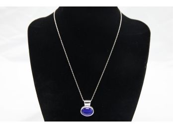 Sterling Silver Necklace & Sterling Oval Pendant With Blue Stone