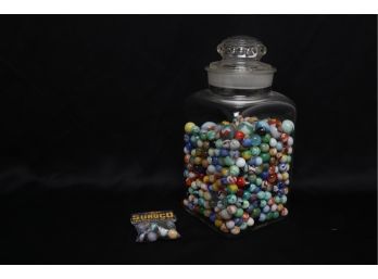 Vintage Miscellaneous Marble Lot In Antique Dakota Apothecary Jar