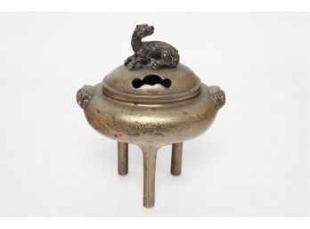 Antique Chinese Brass Incense Burner W/Foo Dog Finial