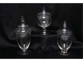 3 Vintage Style Clear Glass Lidded Apothecary Jars
