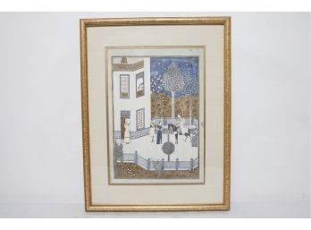 Vintage Framed & Matted Oriental Mixed Media Painting