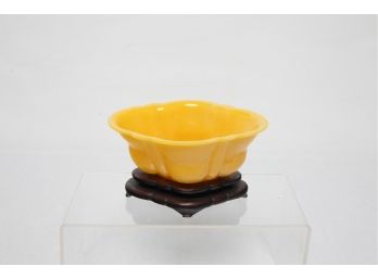 Antique 19th Century Chinese Yellow Peking Glass Bowl On Handmade Wooden Sand