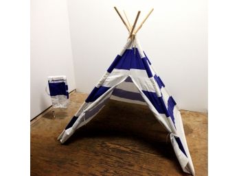 Child's Blue & White Striped Canvas & Wood Teepee