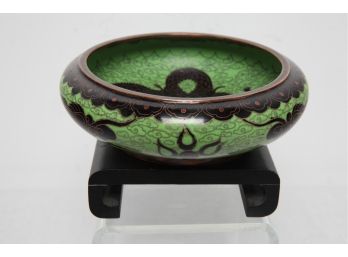 Antique 19th Century Chinese Cloisonne Bowl With Unique Green Color & Dragon Motif