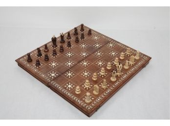 Antique Wood & Natural Inlay Chess Gameboard & Pieces