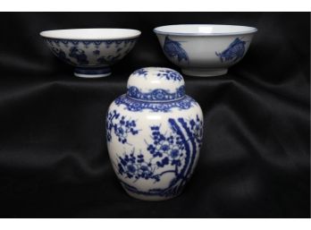 3 Piece Grouping Of Vintage/Antique Blue & White Chinese Porcelain