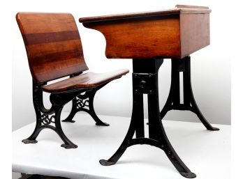 Antique Wood & Wrought Iron Child's School Desk & Detached Chair