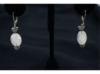 Pair Of Polished Rose Quartz Earrings W/sterling Silver Hearts