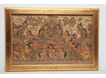 Antique Ornate Hindu Tapestry In Gold Guilt Frame