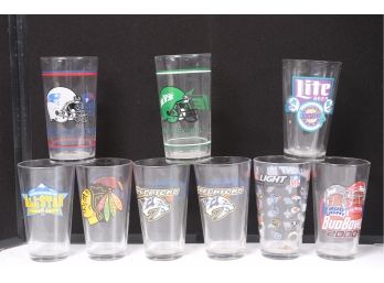 Group Of Vintage Sports Beer Glasses *bud Bowl, Championship, Jets, Patriots Football Etc*