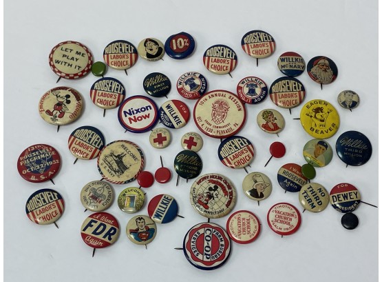 Large Collection Vintage Pinback Buttons 1930-40's - Political, Advertising Premium Etc.