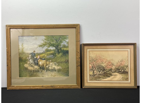 2 Antique Prints Sheep And Fruit Tree