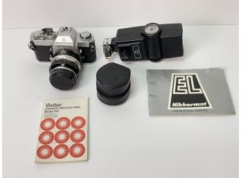 Nikon Nikkormat EL Camera, Nikon Lens, Vivitar Automatic Electronic Flash, 2X Converter