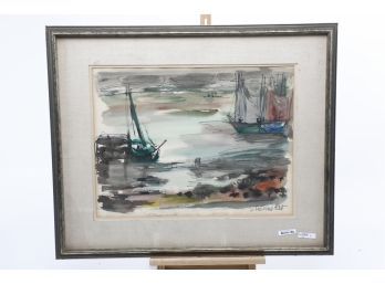 Etienne Ret  (French 1900-1996) Watercolor On Canvas Seascape  Bateau Verts