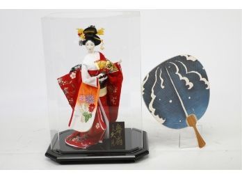 Japan Lot -kyugetsu Doll In Display Case And Decorative Hand Fan