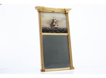 Antique Regency Gilt Wood Trumeau Mirror With Painting Of A Ship At Sea