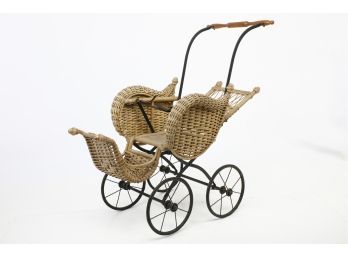 Antique  Iron And Wicker Doll Stroller