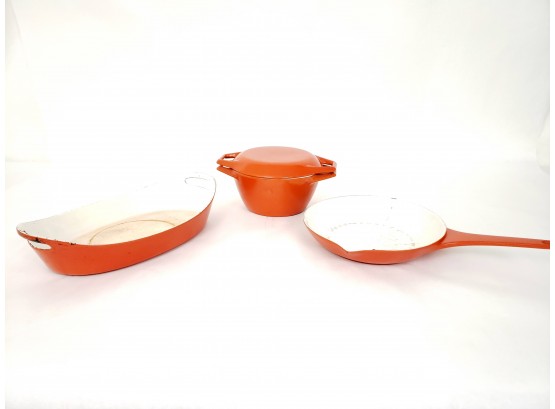 Copco Cast Iron Enameled Orange Small Dutch Oven Frying Pan With Pour Notch And Grautin Pan