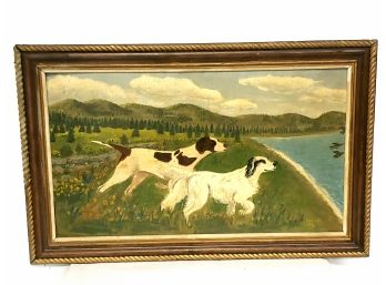 Sporting Dogs Landscape Painting Oil On Board Signed