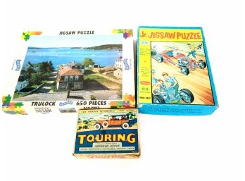 Lot Of 2 Vintage Jigsaw Puzzles And Vintage 'touring' Automobile Card Game