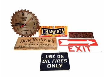 Lot Of 5 Signs Including 4 Vintage And Saw Blade Workshop Clock