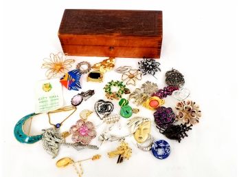 Lot Of Beautiful Brouches And Pins Including Wood Jewelry Box