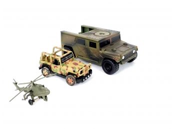 Lot Of 3 Toy Army Vehicles Including Army Hummer And Helicopter