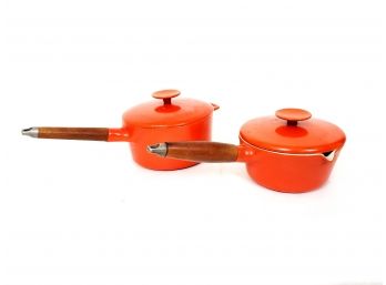 2 Copco Cast Iron Enameled Orange Wooden Handle Sauce Pans With L8ds