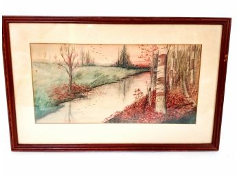 Framed Watercolor Stream Landscape Painting