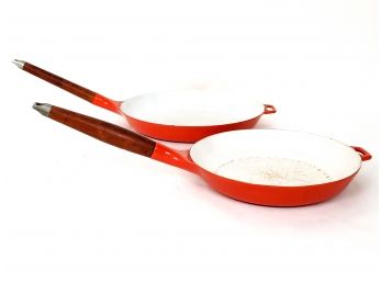 2 Copco Cast Iron Enameled Large Frying Pans With Wood Handle