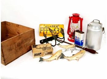 Mixed Vintage Lot And Modern Lantern Includes Vintage Wood Crate Vintage 1 Qt Galvanized Milk Jug And More