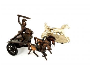 Vintage Brass Roman Gladiator Chariot And Vintage Brass Racing Horse With Jockey