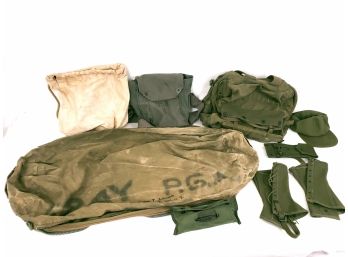 Collection Of Military Bags,  Gas Mask Bag, Hat, Leggings And More