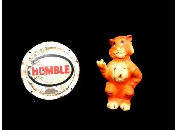 Vintage Humble/esso Metal Gas Sign And Vintage Plastic Tiger Coin Bank