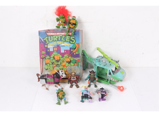 Group Of Vintage Early 1990s TMNT Teenage Mutant Ninja Turtles Items Including Turtle Copter And Case
