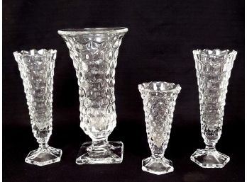 Set Of 4 Glass Fostoria American Pattern Vases Various Sizes