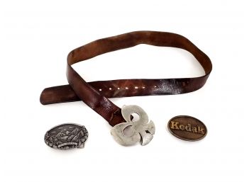 Leather Belt With Pewter Belt Buckle And 2 Belt Buckles Including Paula Freed 'colorado' And Kodak Buckle