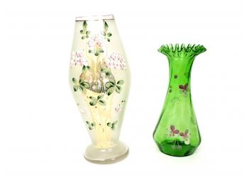 2 Green Floral Vases Including Green Glass Ruffled Edge And Frosted Green Painted Vase