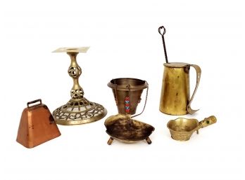 Mixed Brass Lot Including Chinese Decorated Silk Press Antique Smudge Pot Decorative Hanging Planter And More