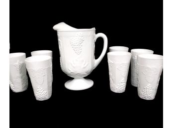 Indiana 'Harvest Grape' White Milk Glass Large Pitcher & 7 Cups Set