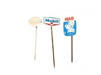 3 Vintage Sticks Pins Including Iglo Popeye Esso And Mobil